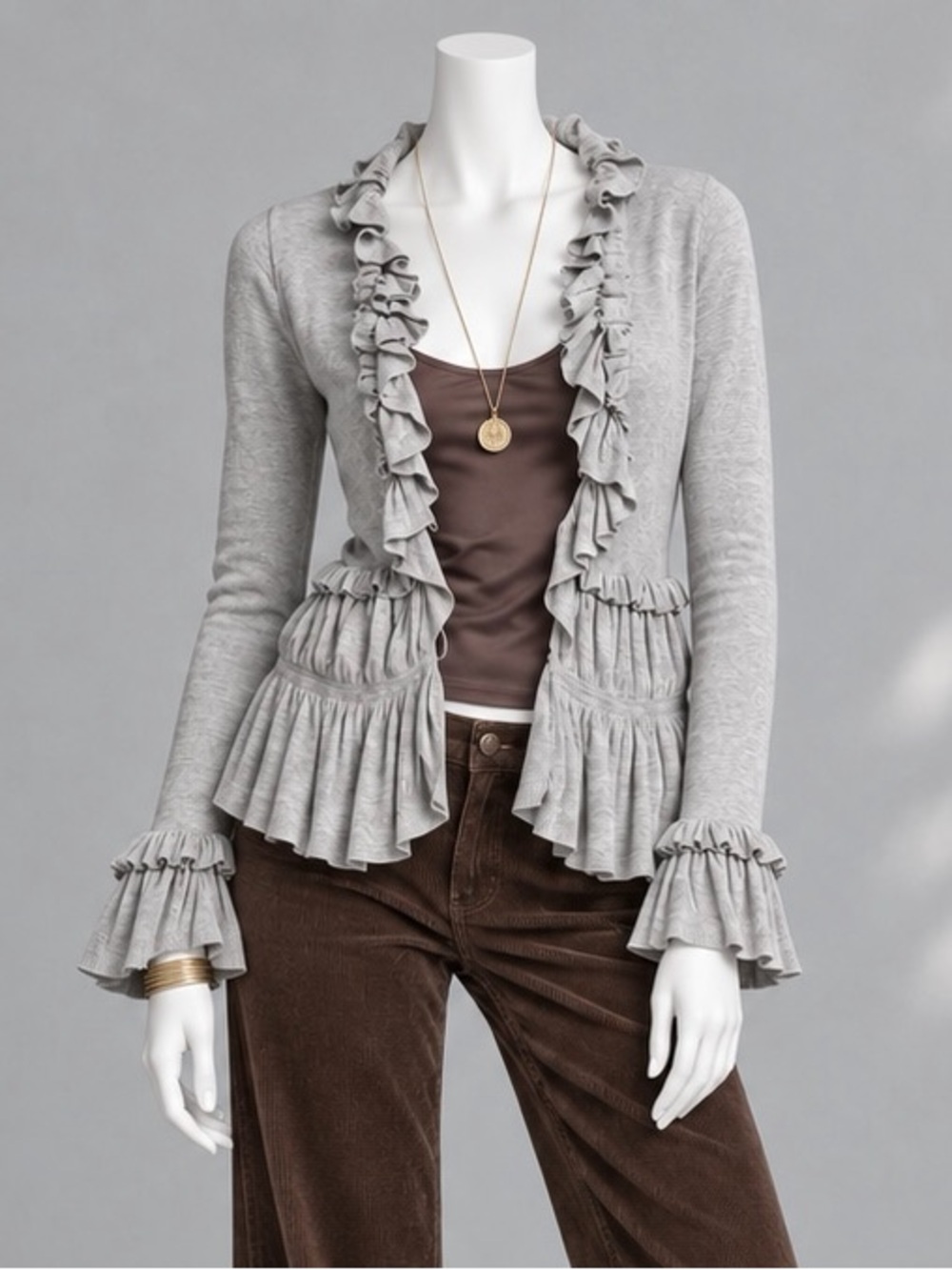 Boston Proper Romantic Ruffle Cardigan M Gray Coquette Balletcore Peplum Sweater